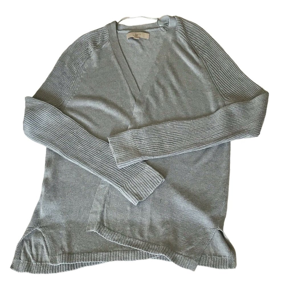 Ann Taylor Loft Linen Knit Cardigan Tunic Open‎ Front Blue Semi Sheer Women L
